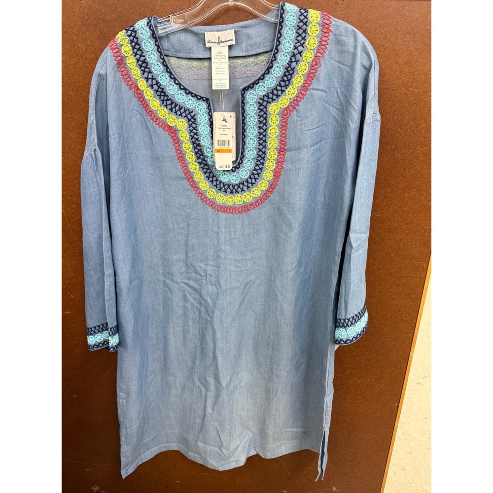 Tommy Bahama Womens Tencel Chambray Embroidered Tunic Blue TSW50926C NEW